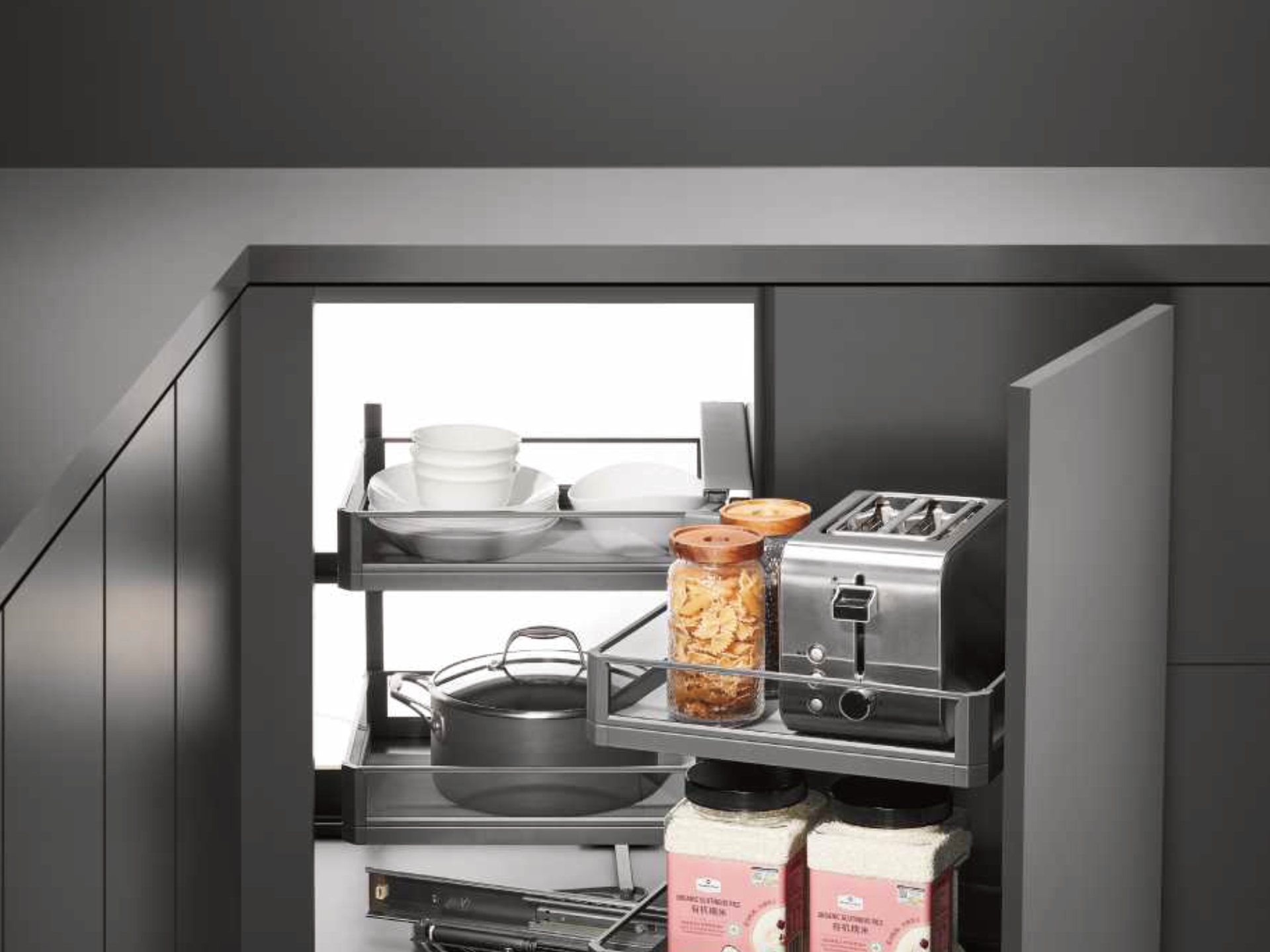 Magic corner pull-out swinging trays out of a blind corner cabinet