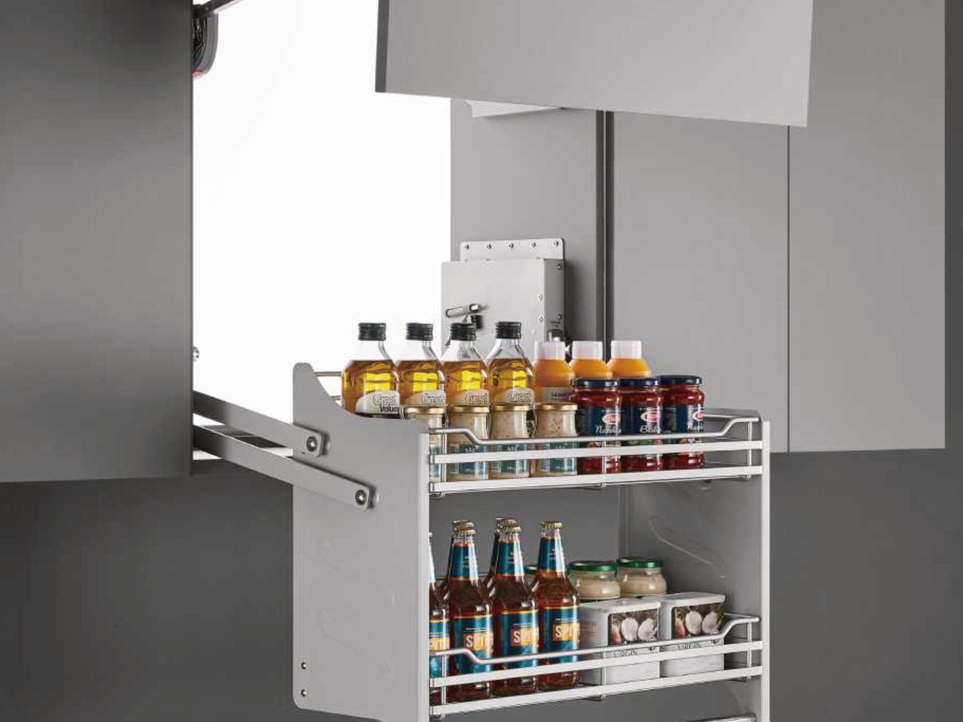 Pull-down wall basket fitted to Bilt & Co cabinetry