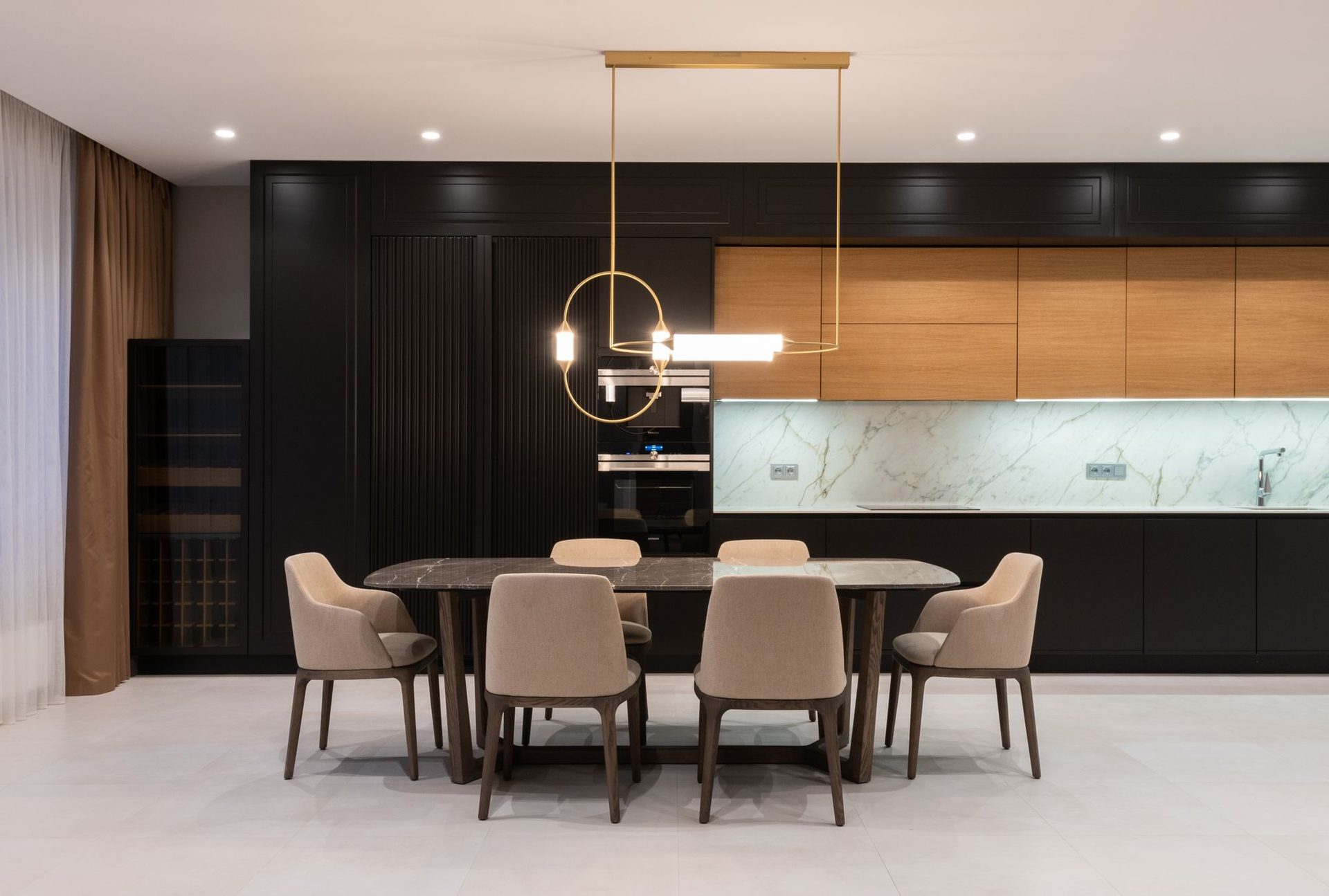 Dark timber and marble kitchen with dining table, Rockhampton