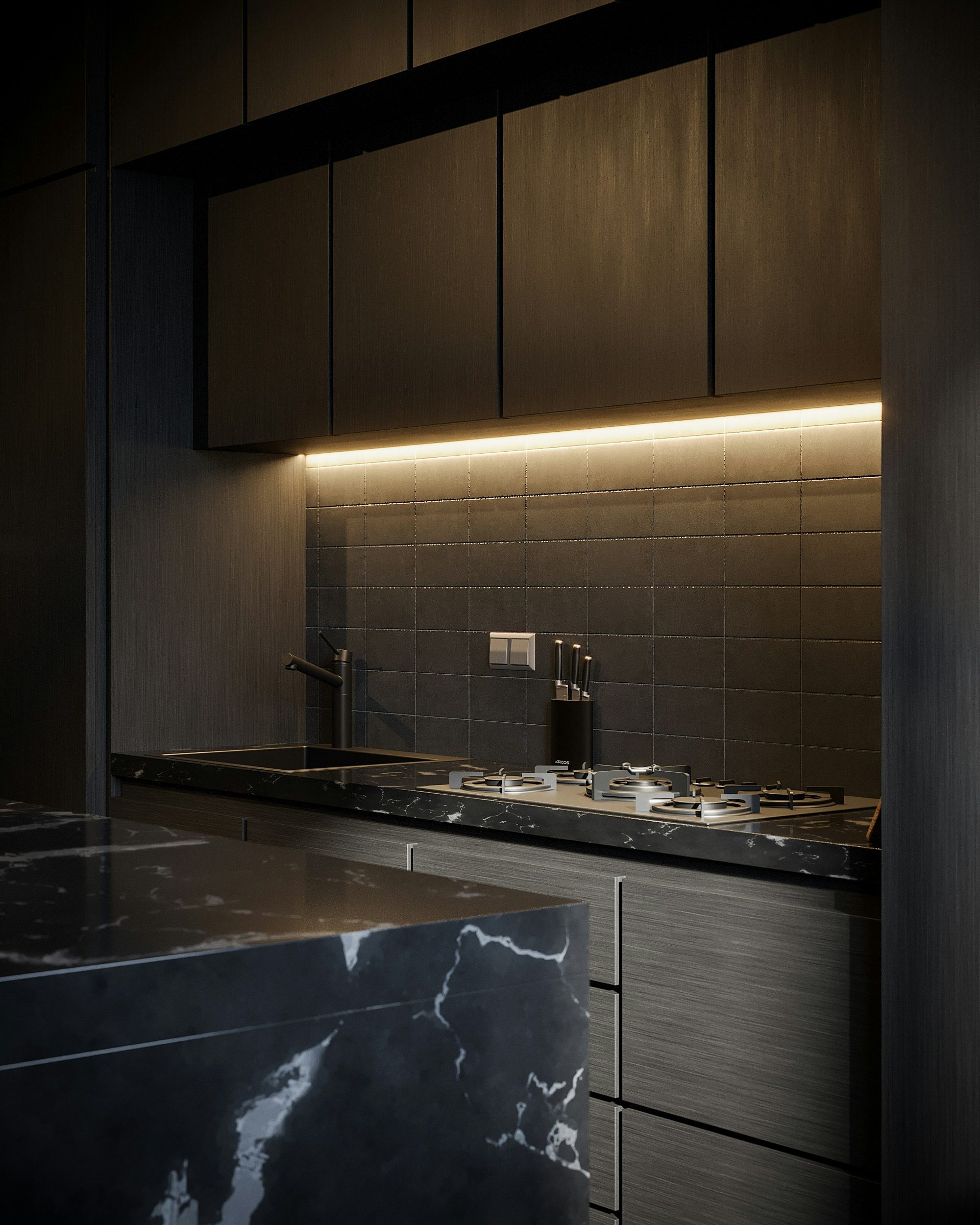 Black stone benchtop with concealed under-cabinet lighting
