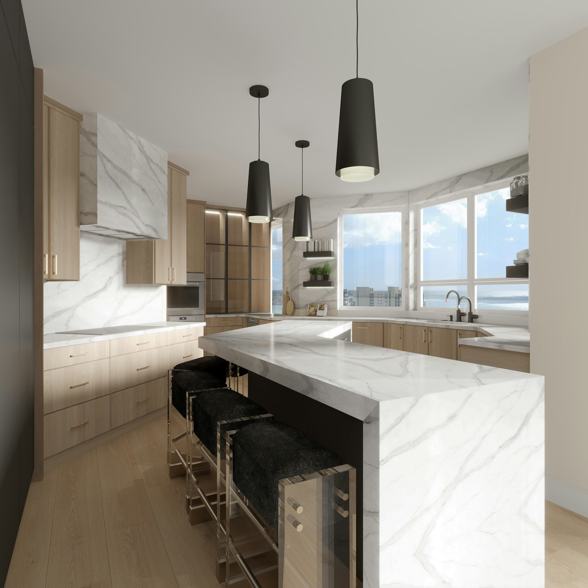 Marble island benchtop detail with pendant lights above