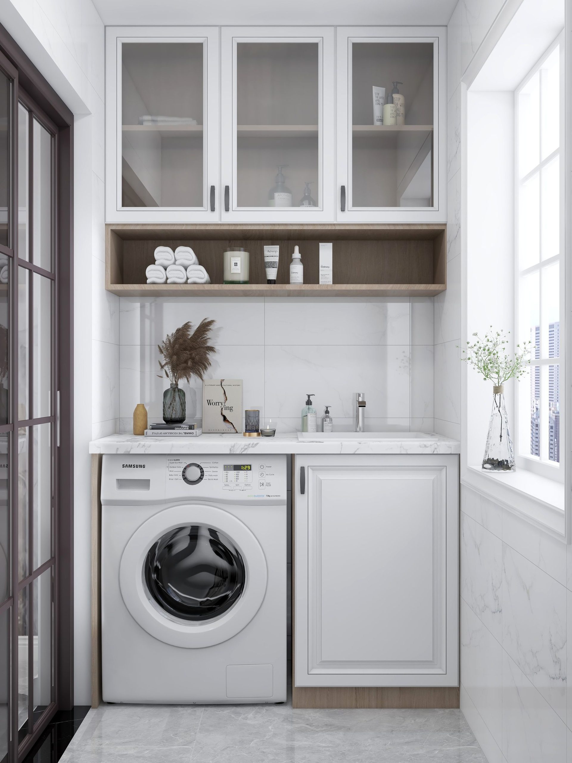 Custom laundry joinery with overhead cabinets and folding bench, Rockhampton