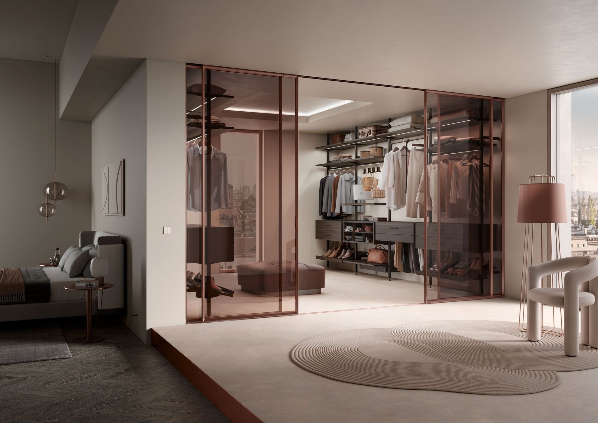 Custom walk-in wardrobe with glazed joinery and integrated lighting